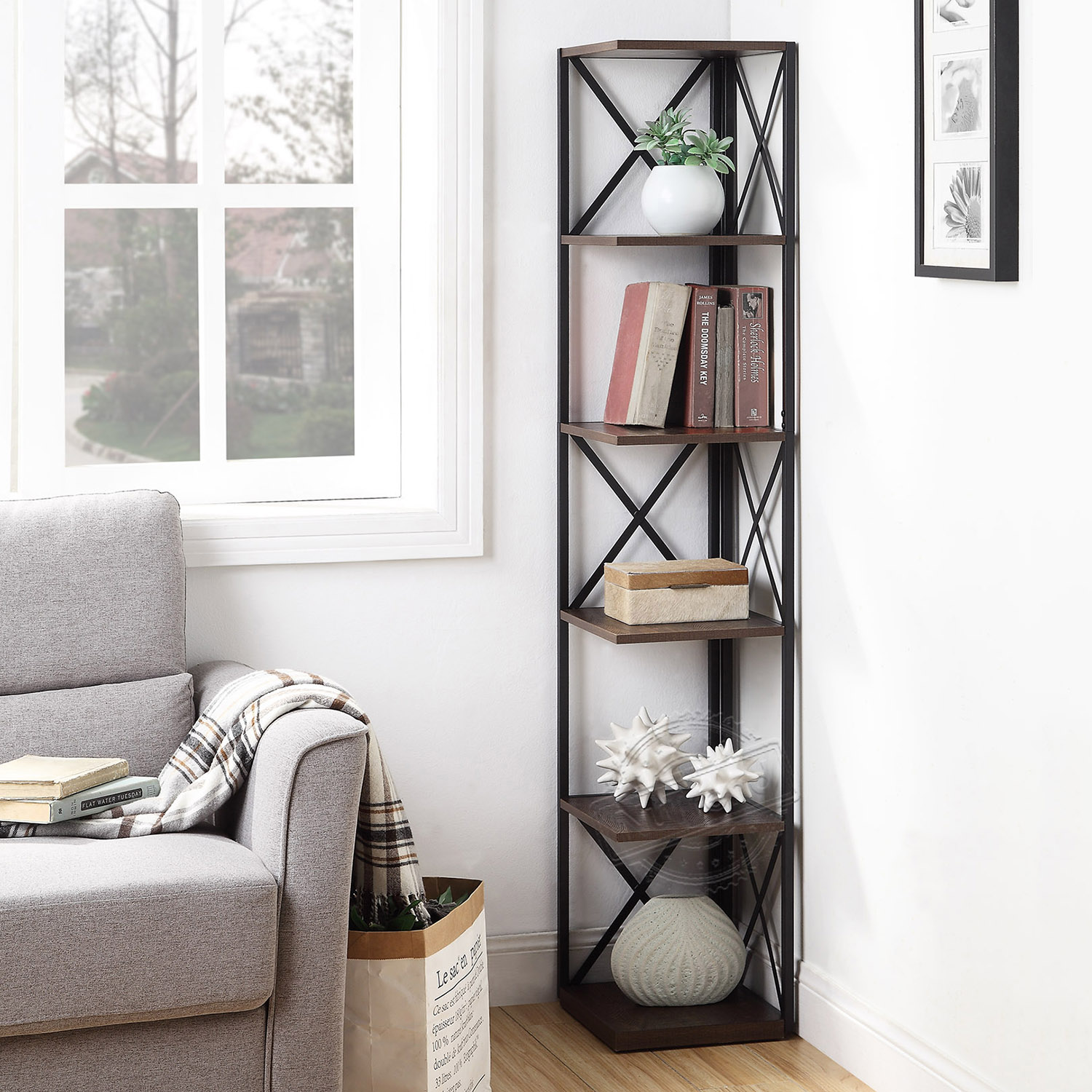 Metal Corner Shelf 5 Tier Industrial Ladder Shelf Display Shelving Unit for Living Room,Home office,Kitchen 502145